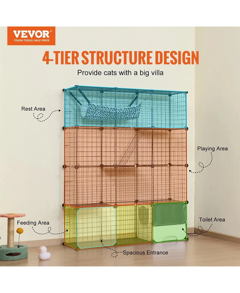 Zeus & Ruta Large 4 Tier Cat Cage with Detachable Metal Wire, Litter Box, Hammock, Ramp, Indoor Outdoor Crate for Kittens