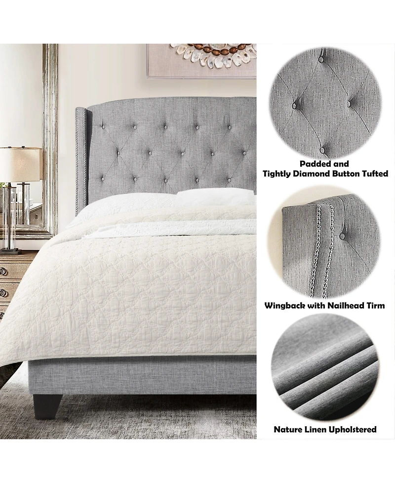 Boyel Living High Back Upholstered Bed Frame with Studded Detail Platform Bed with Solid Wood Frame Soft Fabric