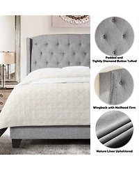 Boyel Living High Back Upholstered Bed Frame with Studded Detail Platform Bed with Solid Wood Frame Soft Fabric