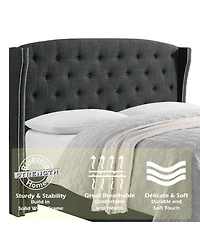 Boyel Living High Back Upholstered Bed Frame with Studded Detail Platform Solid Wood and Soft Fabric