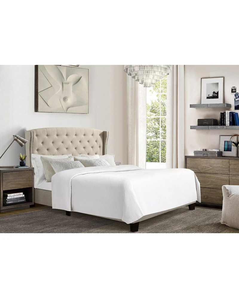 Boyel Living High Back Upholstered Bed Frame with Studded Detail Platform Bed with Solid Wood Frame Soft Fabric