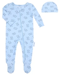 Max & Olivia Baby Boys' Bear Ribbed Round Neck Footie Sleep Play and Hat, 2-Piece Set
