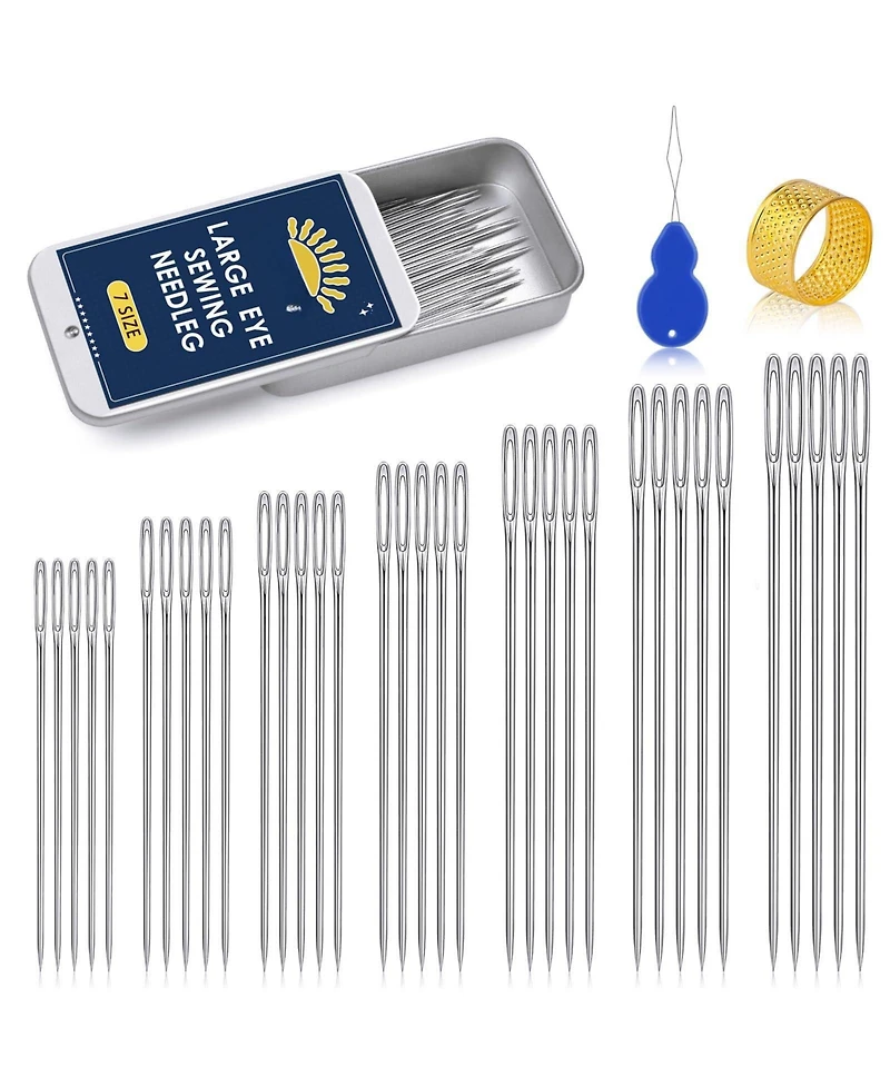 Gnuadz 35pieces Large Eye Sewing Needles Handsewing Leather Embroidery Thread Stainless Steel Yarn Knitting Threader Thimble Crafts Repair Quilting