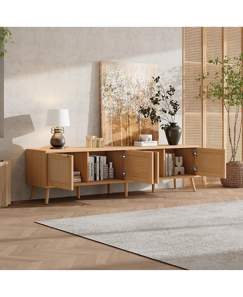 sumyeg 70 inch Modern Cabinet Tv Stand with Rattan Doors Media Console with Storage Space & Cable Holes