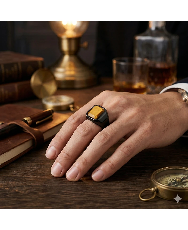 Metallo Stainless Steel Square Tiger Eye Ring