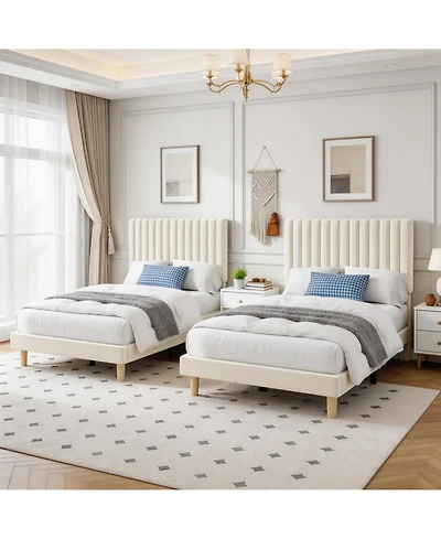 Homfan Set of 2 Dreamy Velvet Platform Bed with Adjustable Channel-Tufted Headboard – Soft Linen Upholstery, No Box Spring Needed