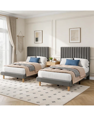 Homfan Set of 2 Dreamy Velvet Platform Bed with Adjustable Channel-Tufted Headboard - Soft Linen Upholstery, No Box Spring Needed