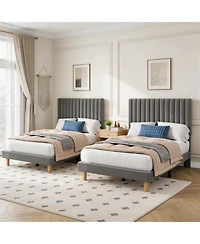 Homfan Set of 2 Dreamy Velvet Platform Bed with Adjustable Channel-Tufted Headboard - Soft Linen Upholstery, No Box Spring Needed