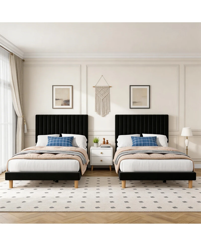 Homfan Set of 2 Dreamy Velvet Platform Bed with Adjustable Channel-Tufted Headboard – Soft Linen Upholstery, No Box Spring Needed