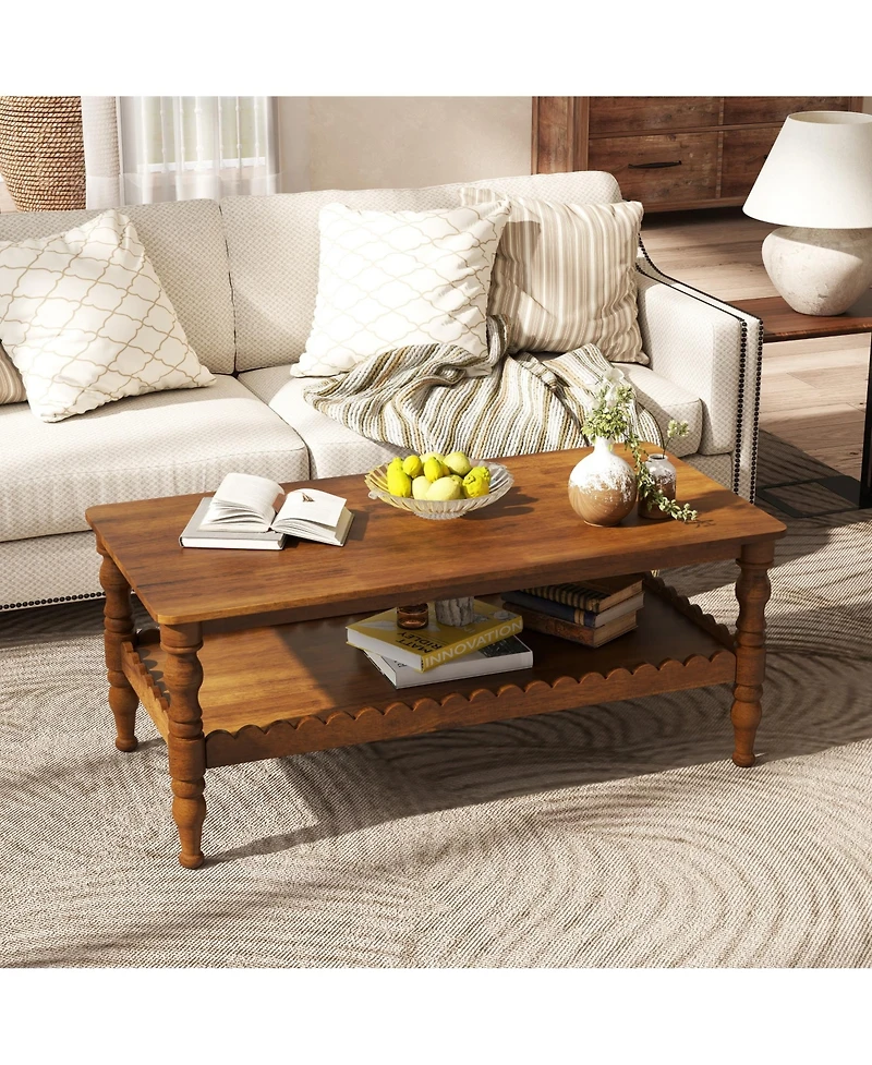 Rainsken Rectangle Coffee Table, Solid Wood Center Table, Farmhouse 2-Tier Sofa Table, Wave-Edge Design for Living Room