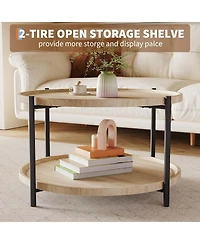 gaomon Round Wood 2-Tier Coffee Table with Metal Legs and Storage Shelf