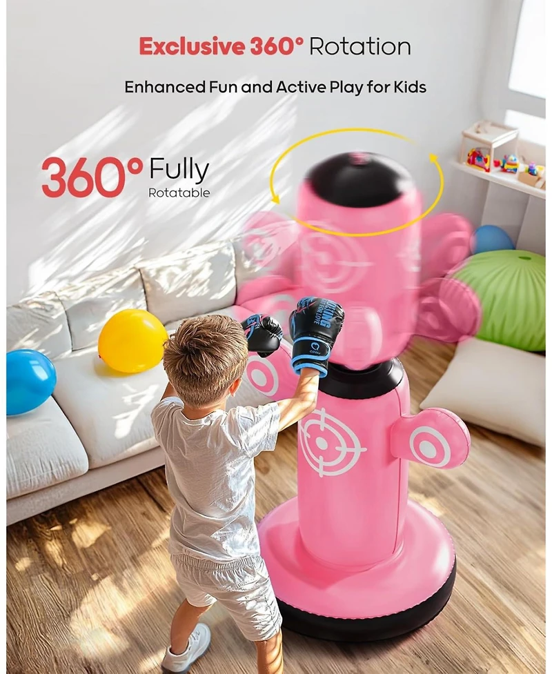Qpau 360degree(s) Rotatable Punching Bag for Kids, Lager 64” Kids Punching Bag with Gloves, Hand Pump and 6 Targets, Bop Bag Inflatable Punchin