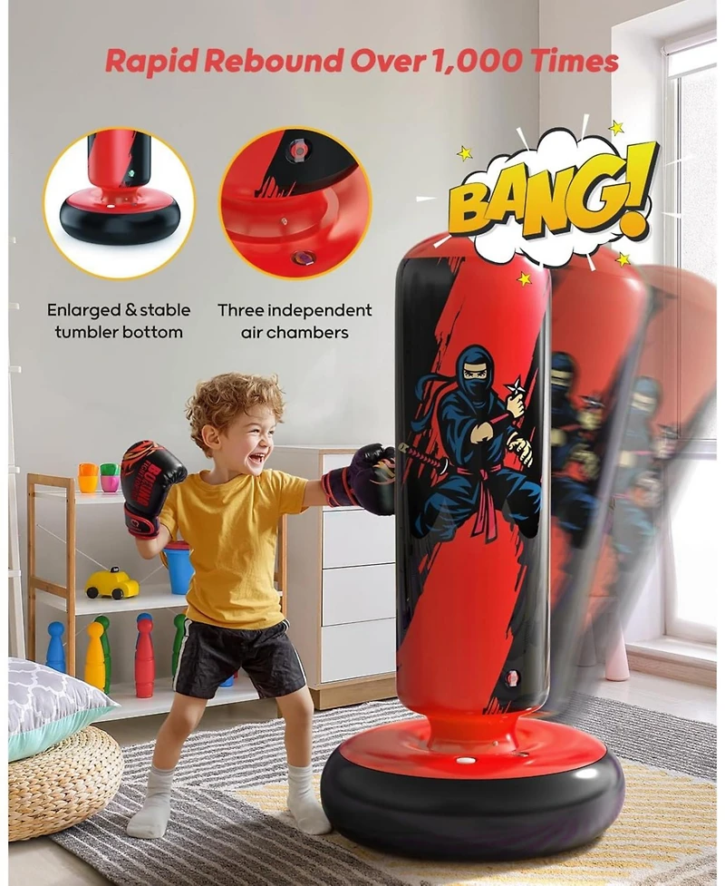 Qpau Punching Bag for Kids, 66 Inch Stable Inflatable Boxing Bag with Boxing Gloves, Stand Kids Punching Bag Toy for Boys