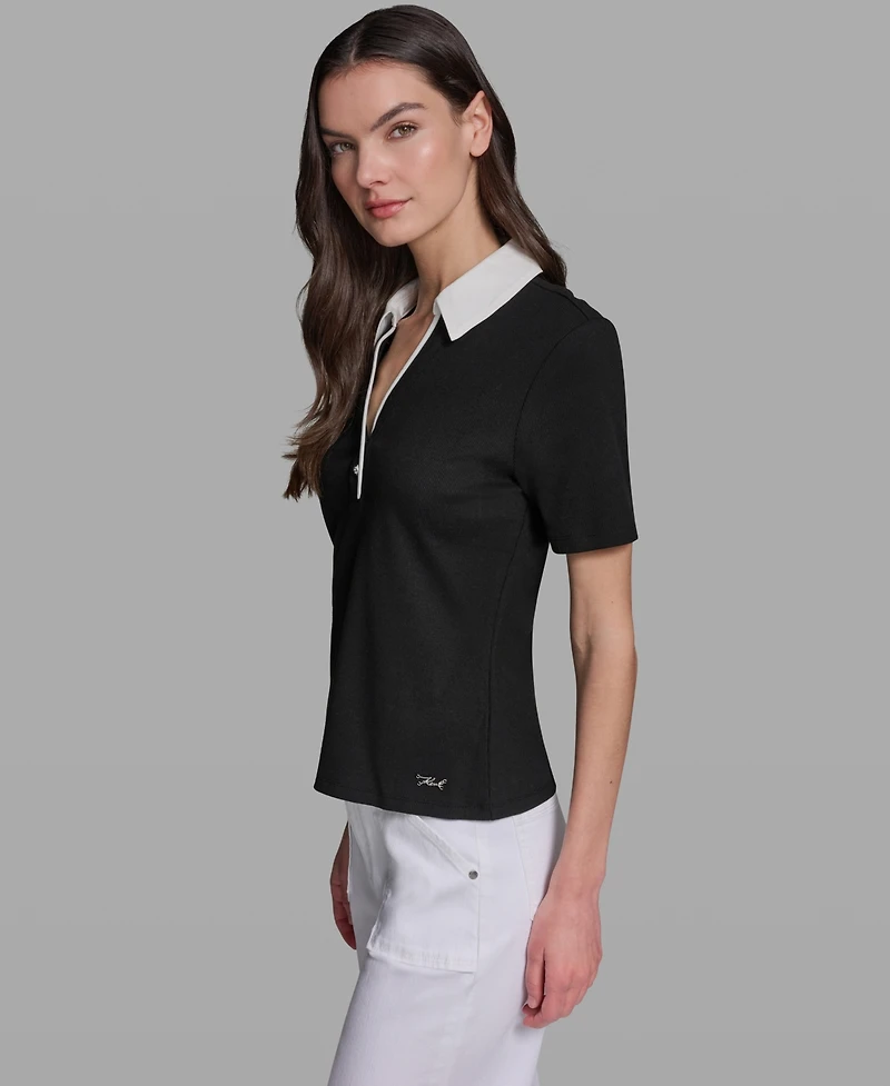 Karl Lagerfeld Paris Petite V-Neck Polo Collar Top