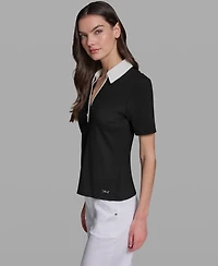 Karl Lagerfeld Paris Petite V-Neck Polo Collar Top