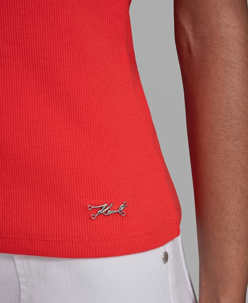 Karl Lagerfeld Paris Petite V-Neck Polo Collar Top