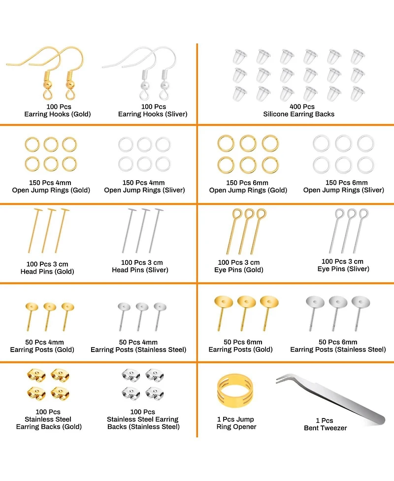 Gnuadz 2000Pcs Earring Making Kit Hooks Findings Posts Backs Pins Jump Rings
