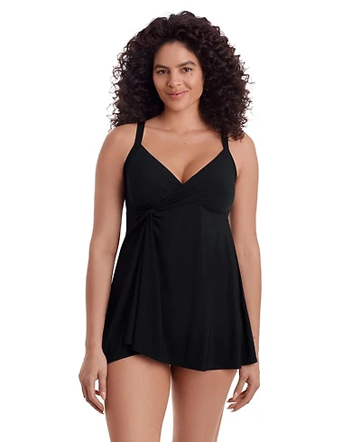 Longitude Women's Solid Black Twist Front Long Torso Swim Dress