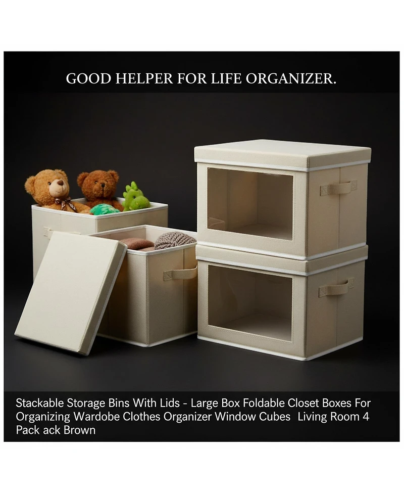 Yigii Stackable Storage Bins With Lids Foldable Closet Organizers Transparent Window Removable Lids Firm Handles 4 Pack