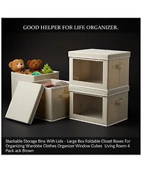 Yigii Stackable Storage Bins With Lids Foldable Closet Organizers Transparent Window Removable Lids Firm Handles 4 Pack
