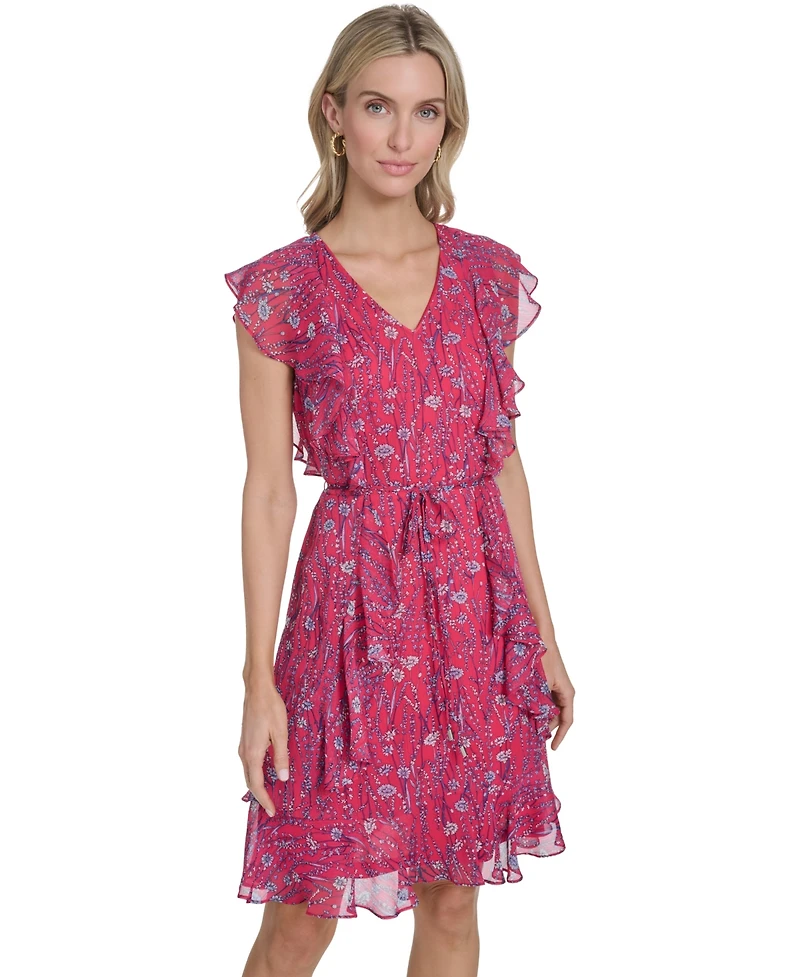 Tommy Hilfiger Women's Printed Crinkle Chiffon Vineyard Botanical Dress