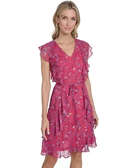 Tommy Hilfiger Women's Printed Crinkle Chiffon Vineyard Botanical Dress