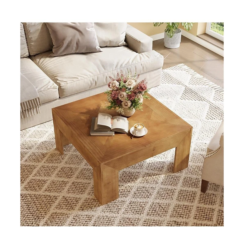 Tribesigns 39.4" Solid Wood Coffee Table, Square Coffee Table with Intricate Inlaid Top and Sturdy Legs, Rustic Center Tables