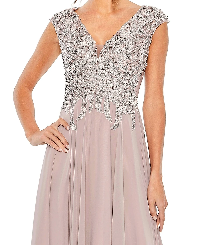 Mac Duggal Women's Embroidered Beaded Midi Dress with Cap Sleeves