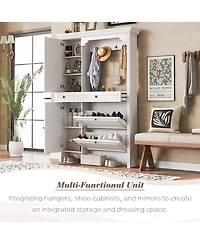 Flynama 54.7in Hall Tree 4in1 Entryway Storage Shoe Cabinet Mirror Hooks Bench