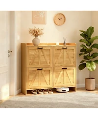 Flynama Rustic Barn Door Shoe Cabinet 4 Flip Drawers Space Saving Entryway Organizer