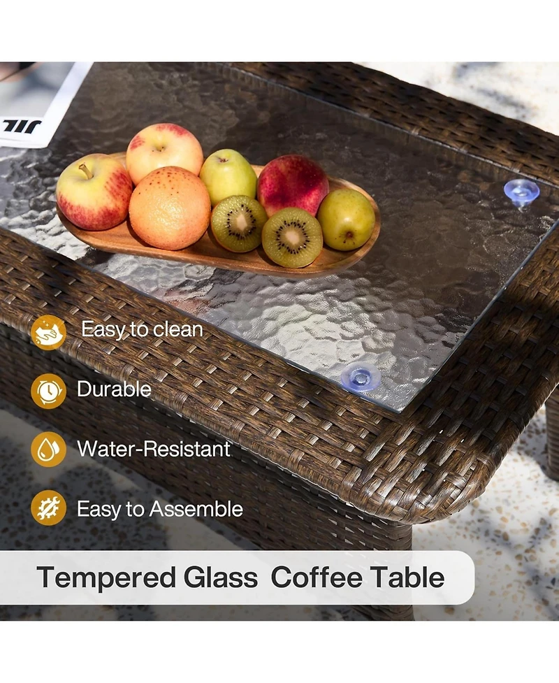 Tribesigns Outdoor Wicker Coffee Table with Hammered Glass Top, Hand Pe Rattan Wicker Patio Furniture Set, All-Weather Rectangular Patio Table