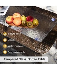 Tribesigns Outdoor Wicker Coffee Table with Hammered Glass Top, Hand Pe Rattan Wicker Patio Furniture Set, All-Weather Rectangular Patio Table