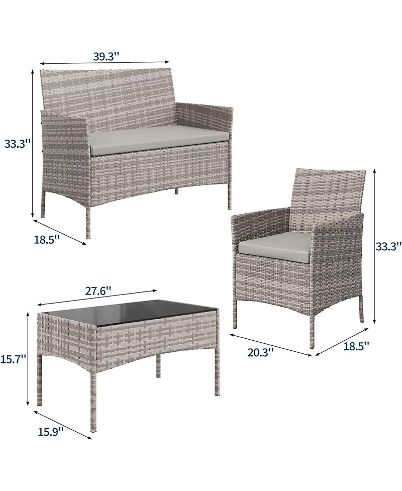 gaomon 4-Piece Patio Furniture Set, Rattan Outdoor Furniture with Upholstered Sofa, 2 Chairs and Coffee Table, Modern Conversation Bistro Set
