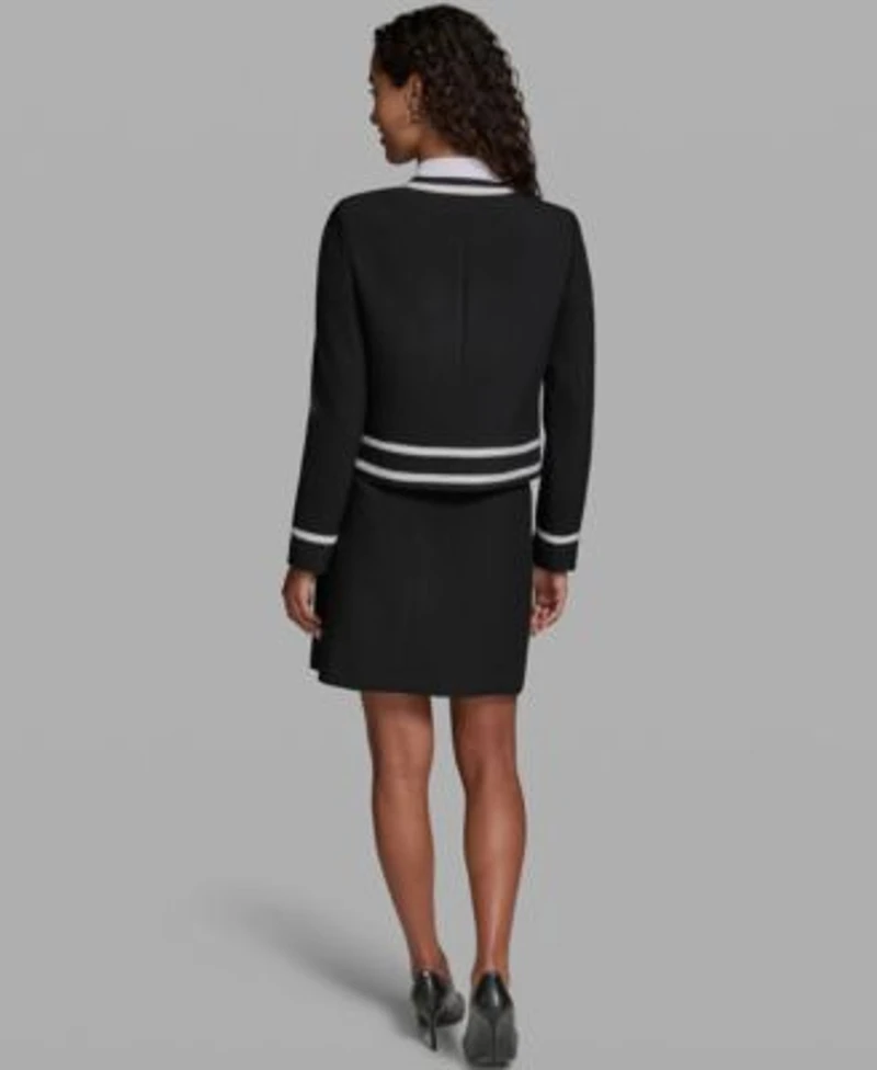 Karl Lagerfeld Paris Womens Cropped Round Neck Jacket Button Front Long Sleeve Top Woven Mini Skirt