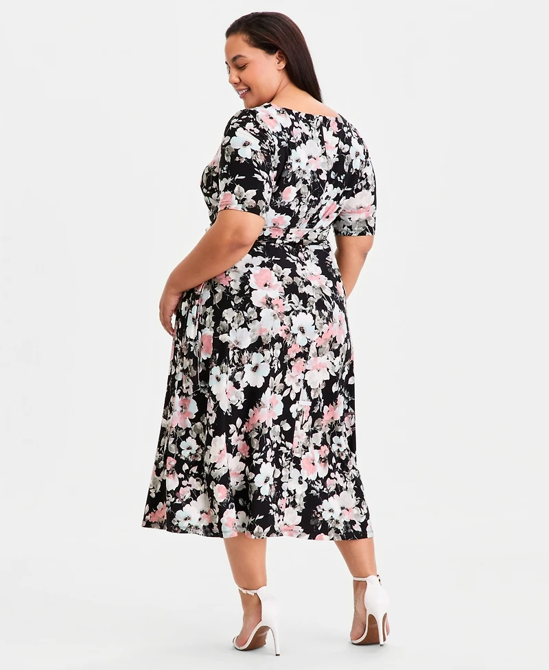 Kasper Plus Elbow-Sleeve Belted Midi Dress