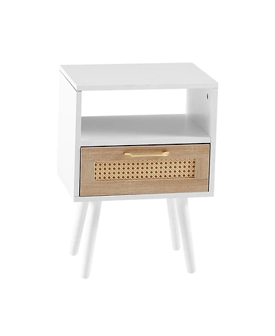 sumyeg Modern Rattan End Table with Drawer and Solid Wood Legs Nightstand Cabinet