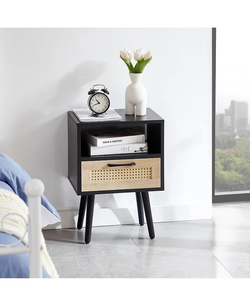 sumyeg Modern Rattan End Table with Drawer and Solid Wood Legs Nightstand Cabinet