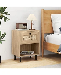 sumyeg Rattan Nightstand Boho End Table with Drawer and Open Shelf