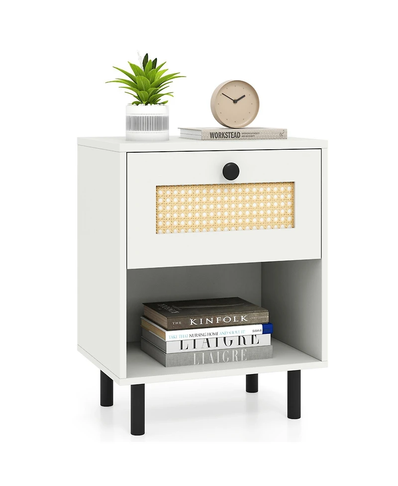 sumyeg Rattan Nightstand Boho End Table with Rattan Drawer and Open Shelf