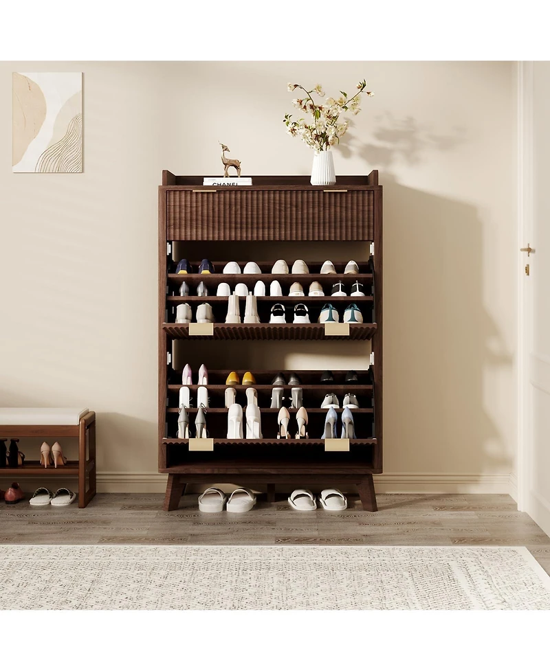 Homfan Fluted Shoe Cabinet with 2 Flip Drawers and Top Drawer, Deep Entryway Storage Organizer