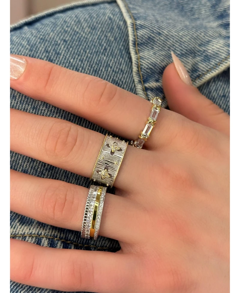 Suzy Levian New York Sterling Silver Cubic Zirconia Brushed Italian Florentine Extra Wide Band Eternity Ring