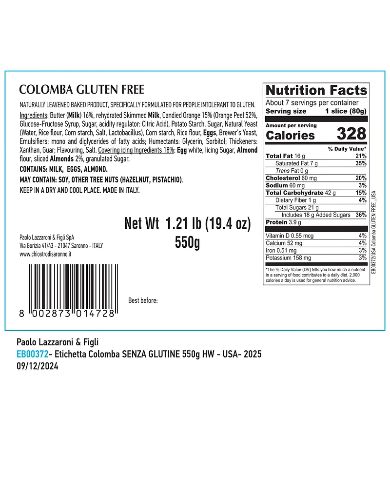 Chiostro di Saronno Zia Pia Gluten Free Classic Colomba Easter Cake, 19.4 oz.