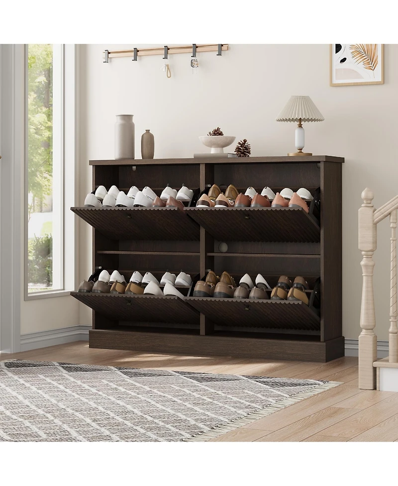 homfan Fluted Shoe Cabinet with 4 Flip Drawers, Adjustable Shelves and Hidden Entryway Storage