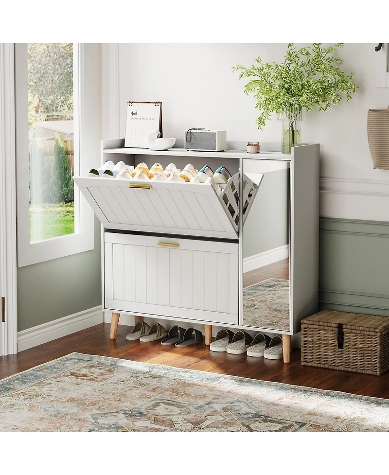 homfan Wooden Shoe Cabinet with Mirror, 2 Flip Drawers and Side Storage, Entryway Organizer