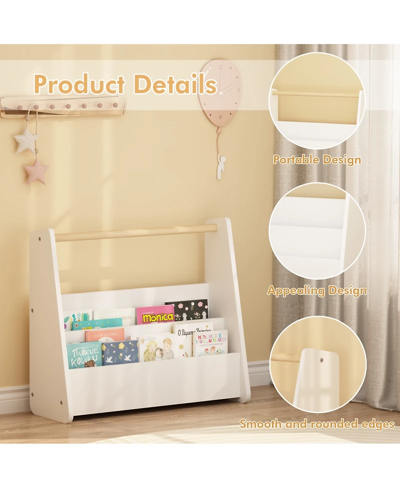 Rainsken Kids Bookshelf with Wooden Handle, 2-Tier Front-Facing Toddler Bookcase, Portable Book Storage Organizer for Nursery, Playroom