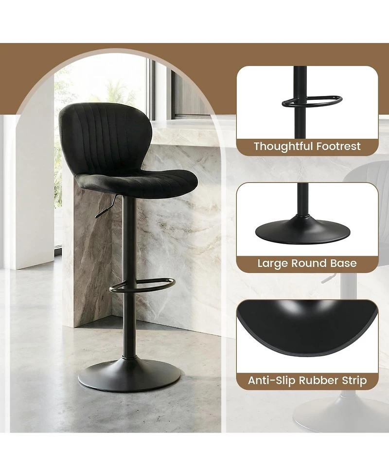 Gouun Adjustable Height Velvet Swivel Bar Stool Set of 2 with Upholstered Backrest