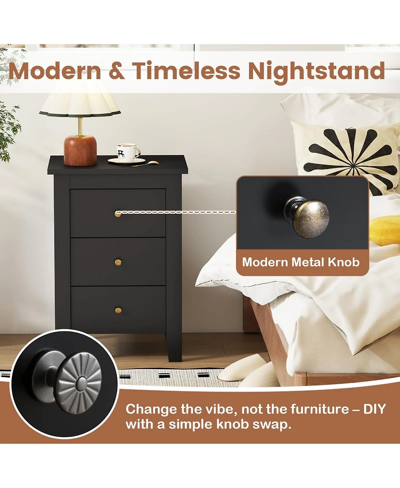 sumyeg Modern Bedside Cabinet Nightstand with 3 Drawers for Living Room and Bedroom