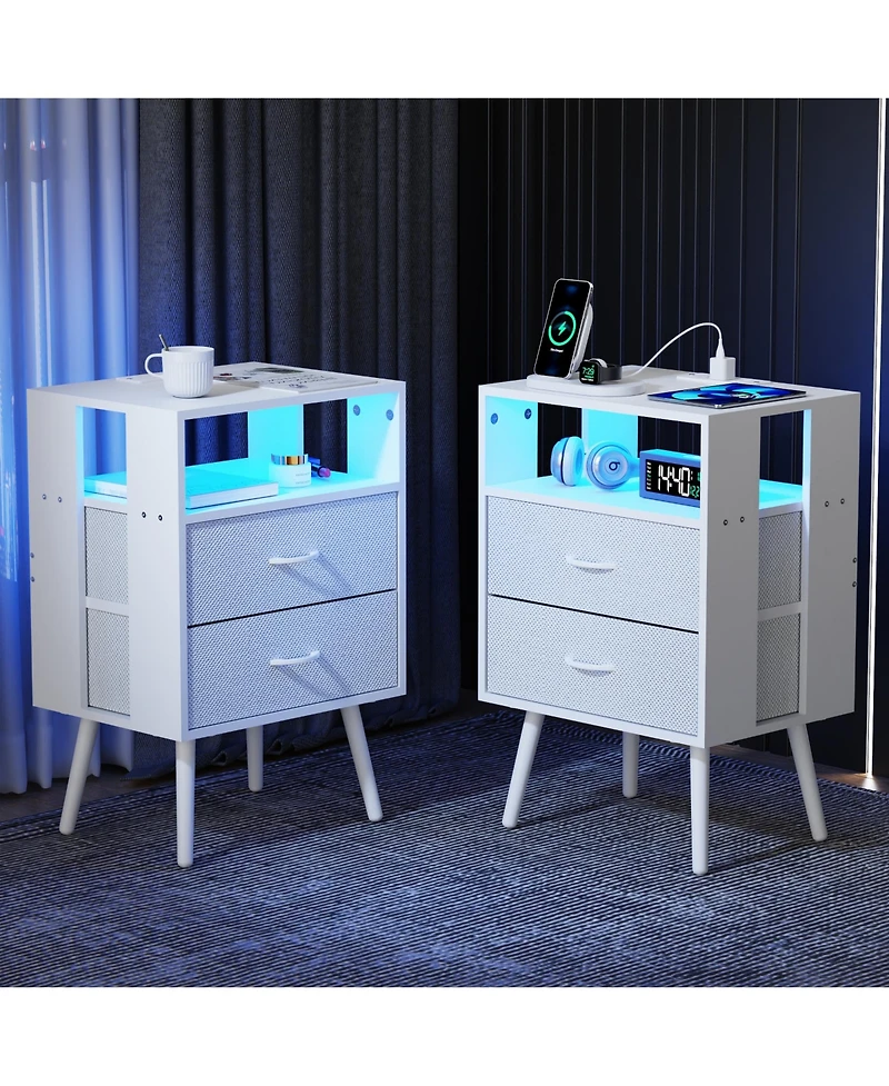 sumyeg Modern Nightstand Set of 2 with Charging Station, Led Light and Fabric Drawers