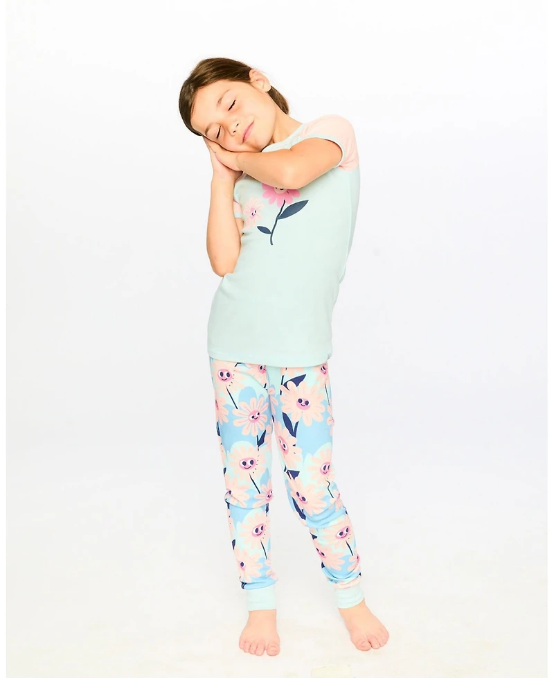Deux par Deux Little Girls Cotton Two-Piece Pyjama Set Smiling Flower Print
