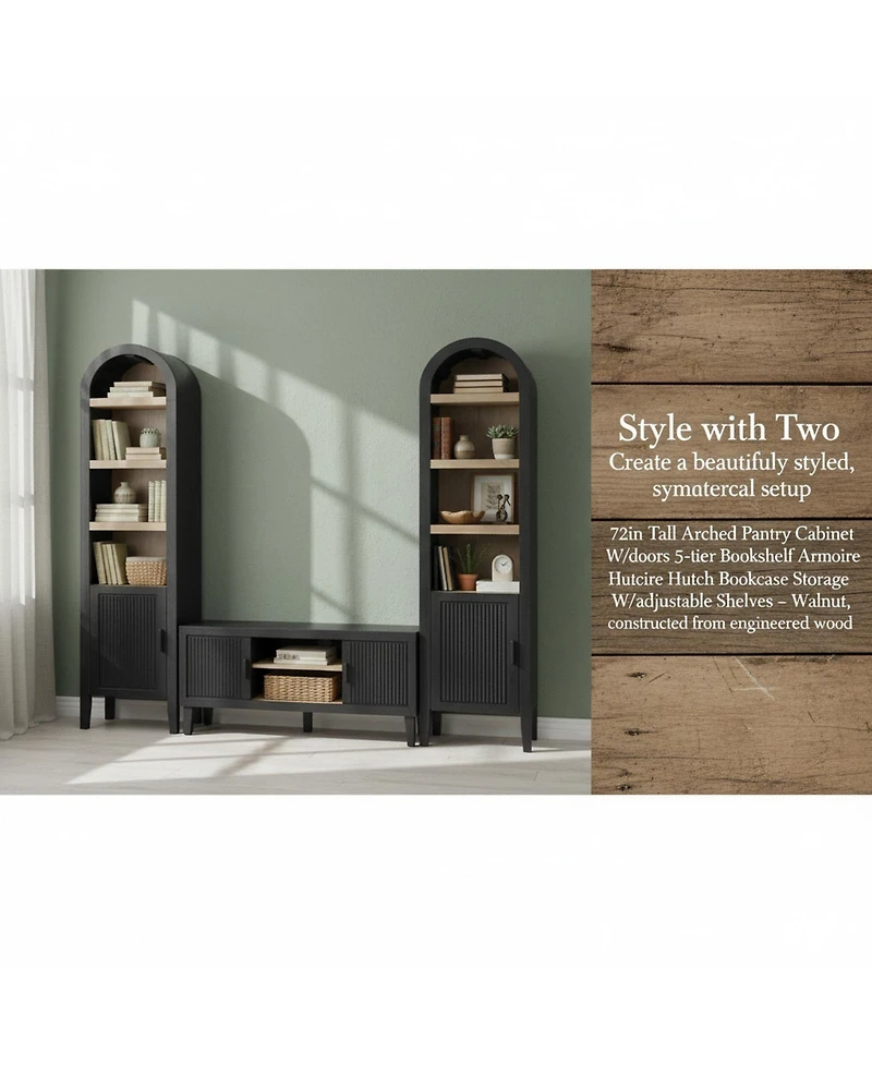 Yigii Tall Arched Pantry Cabinet Reeded Doors 5Tier Adjustable Shelves Bookshelf Storage